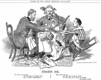 Koalíciós kormány. Devonshire hercege és Arthur Balfour (középen) megpróbálják irányítani Joseph Chamberlaint, a koalícióban lévő ifjabb párt vezetőjét. 1903 szeptemberében lemondott, hogy szabadon támogassa vámreformjait. Edward Linley Sambourne rajzfilmj alkotó: Edward Linley Sambourne