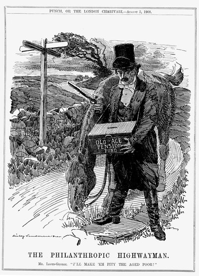 David Lloyd George (1863-1945) walesi születésű brit liberális államférfi. 1908-ban, mint pénzügyminiszter, Lloyd George bevezette az öregségi nyugdíjról szóló törvényt. Edward Linley Sambourne rajzfilmje, Punch, London, 1908. augusztus. alkotó: Edward Linley Sambourne