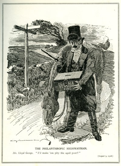 „The Philanthropic Highwayman”, Lloyd George az öregségi nyugdíjpénztárral, rajzfilm a „Punch” magazinból, 1908. augusztus 5. alkotó: Edward Linley Sambourne
