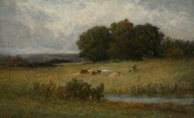 Szarvasmarha fényes jelenete a patak közelében. alkotó: Edward Mitchell Bannister