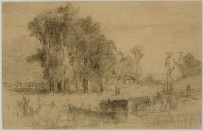Táj, evezős csónak és tehenek (#57) C. 1880 (grafit papíron) alkotó: Edward Mitchell Bannister