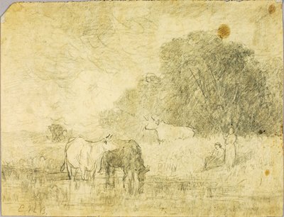 Tájkép tehenekkel a tónál, két figura alkotó: Edward Mitchell Bannister