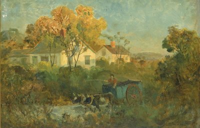Az ivómedencés férfi szekéren ökrökkel a medencénél, 1895. alkotó: Edward Mitchell Bannister