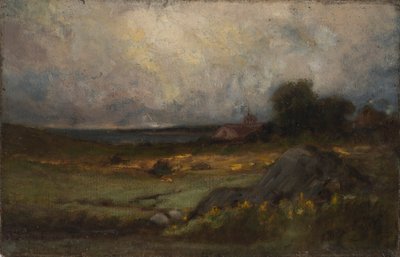 Cím nélkül (tájkép sziklával az előtérben és toronytetővel, háttérben tó) alkotó: Edward Mitchell Bannister