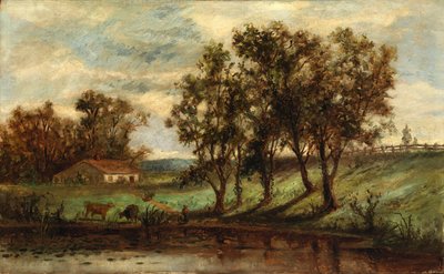 Cím nélkül (férfi tehenekkel legelésző tó mellett, háttérben ház és fák) alkotó: Edward Mitchell Bannister