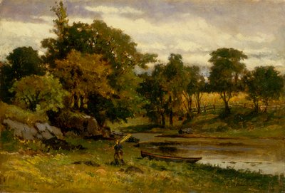 Cím nélküli táj, csónak kikötve a patak közelében, ember sétál az előtérben, 1879. alkotó: Edward Mitchell Bannister