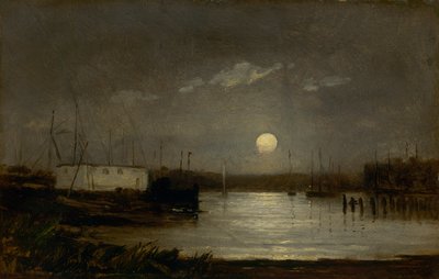 Névtelen hold egy kikötő felett, rakparti jelenet teliholddal és csónakárbocokkal, kb. 1868. alkotó: Edward Mitchell Bannister