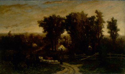 Cím nélküli nő szarvasmarhával és juhokkal alkonyatkor, n.d. alkotó: Edward Mitchell Bannister