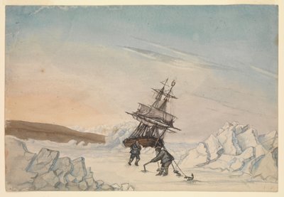 Jégbe ragadt hajó, a legénység két tagja négy rögzítőelemmel rögzíti a hajót a jégbe. alkotó: Edward Newell Harrison