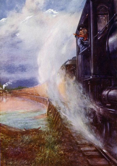 A Skeena folyó mellett haladó vonat a Grand Trunk Pacific Railway-n, Kanada (színes litho) alkotó: Edward Parick Kinsella