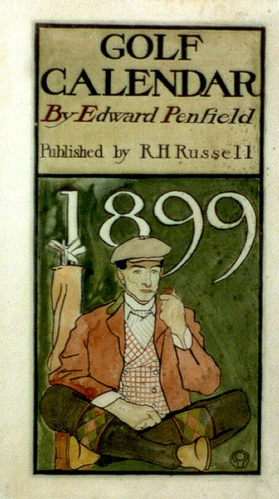 Klubok mellett ülő golfozó, akvarellekkel rajzolva. (1899?) Edward Penfield 1866-1925, amerikai művész. alkotó: Edward Penfield