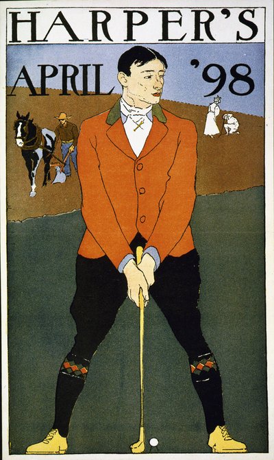 Harper 1898. áprilisi férfi az előtérben golfoz. (plakát) : szín. Írta: Edward Penfield 1866-1925, művész. alkotó: Edward Penfield