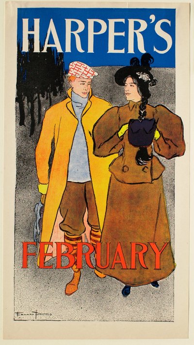 Mann mit Schlittschuhen und gelbem Mantel mit Mädchen, Februar Harper