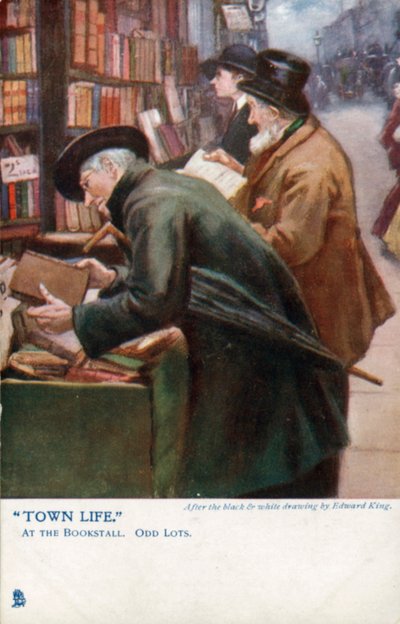 Városi élet: az ügyfelek egy könyves standnál böngészik (színes litho) alkotó: Edward R. King