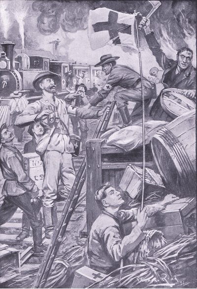 Álmentős ember, aki a Vöröskereszt zászlója alatt rombolja a Komati Foort üzleteit, illusztráció az After Pretoria: The Guerilla War, 1902-ből alkotó: Edward Read