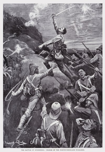 A stormbergi csata, a Northumberland Fusiliers (litho) parancsnoka alkotó: Edward Read