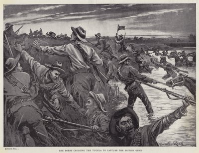 A búrok átkelnek a Tugelán, hogy elfoglalják a brit fegyvereket (litho) alkotó: Edward Read