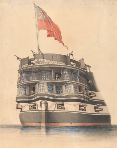 A HMS "Asia" hajó tatjának részletes képe zászlós lobogóval. alkotó: Edward William Cooke