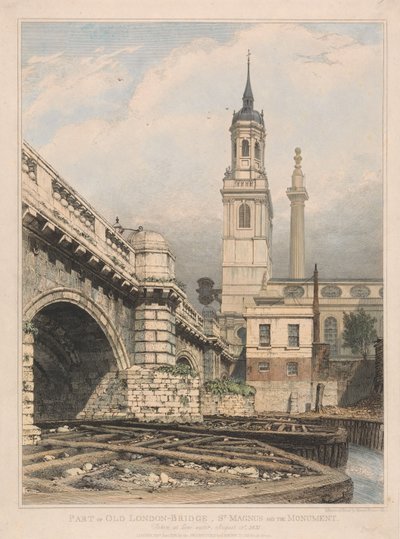 A régi London Bridge egy része, a Szent Magnus-templom és az Emlékmű alkotó: Edward William Cooke