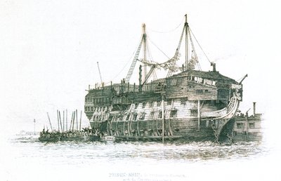 Börtönhajó a portsmouthi kikötőben, a rabok felszállásával a fedélzetre alkotó: Edward William Cooke