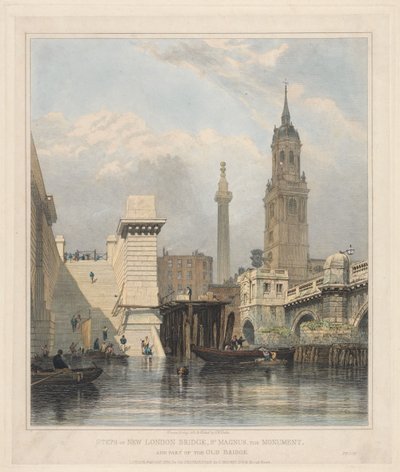 Az új London Bridge lépcsői, Szent Magnus, az emlékmű és a régi híd egy része alkotó: Edward William Cooke