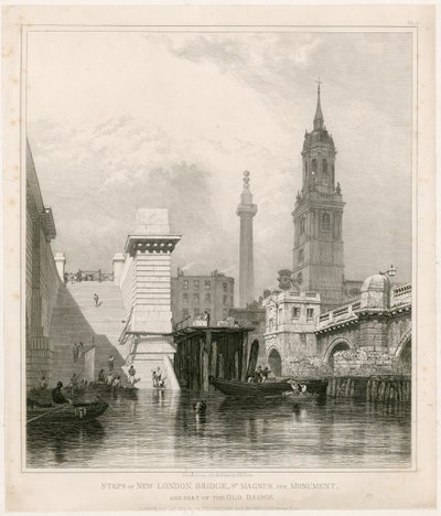 A New London Bridge lépcsői, a Szent Magnus, az emlékmű és a régi híd egy része. alkotó: Edward William Cooke