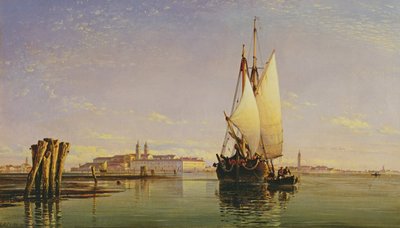Az eugániai dombok és a velencei lagúna - Trabaccola A dagályra várva, naplemente, 1853 alkotó: Edward William Cooke