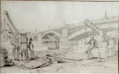Kilátás a Southwark hídra és a Temze folyóra Bankside felől, két tartószerkezettel az előtérben alkotó: Edward William Cooke