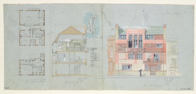 Frank Miles (1852-91) házának és stúdiójának homlokzata és szekciója, Tite Street, Chelsea, 1878-79 (wc és ceruza papíron) (lásd még: 176481-482, 176484-485) alkotó: Edward William Godwin