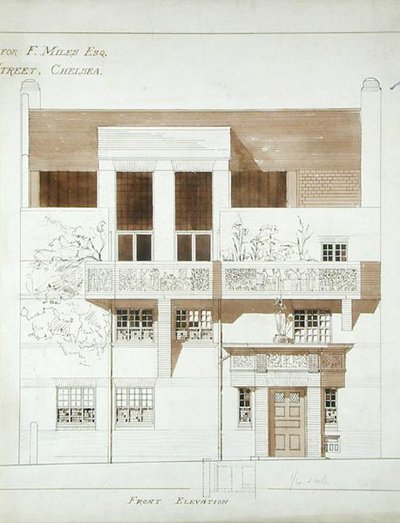 Frank Miles (1852-91) stúdiójának és házának homlokzata, Tite Street, Chelsea, 1878-79 (toll, tinta és mosás papíron) (lásd még: 176481-483, 176485) alkotó: Edward William Godwin