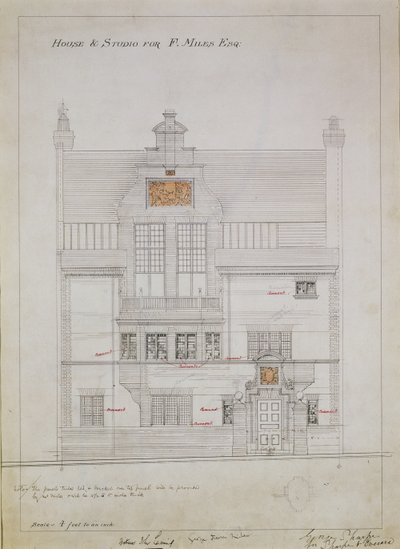 Munkarajz az F. Miles Esq házhoz és stúdióhoz, Tite Street, Chelsea, 1878-79 (wc és ceruza papíron) (lásd még: 176481, 176483-485) alkotó: Edward William Godwin
