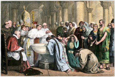 A mórok kötelező keresztelése a keresztények által a rekonquista után, 1500 körül. alkotó: Edwin (after) Long