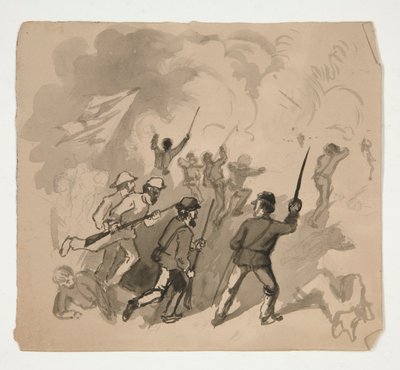Polgárháborús csatajelenet (recto); Azonosítatlan illusztráció emberről egy erdőben (verso) alkotó: Edwin Austin Abbey