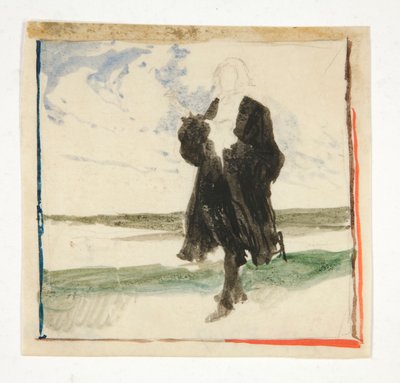 Köpönyeges férfi tájban - azonosítatlan illusztráció alkotó: Edwin Austin Abbey