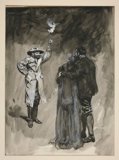 Pár szembesül az utcán egy férfi, aki fáklyát tart - azonosítatlan illusztráció alkotó: Edwin Austin Abbey