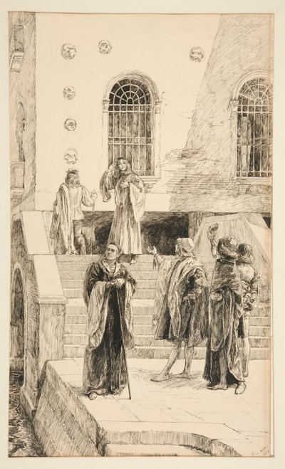 Exuens Salarino és Salanio, az I. felvonás i. jelenetéből, Velence kereskedője alkotó: Edwin Austin Abbey