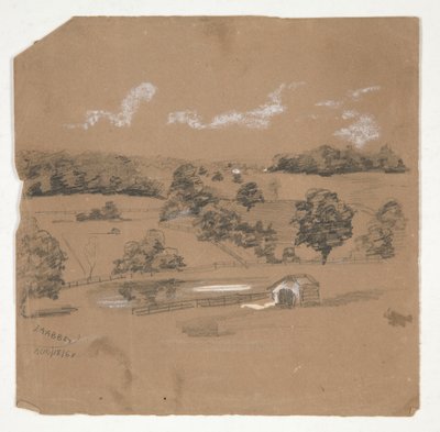 Farm táj, kilátással a legelőkre alkotó: Edwin Austin Abbey
