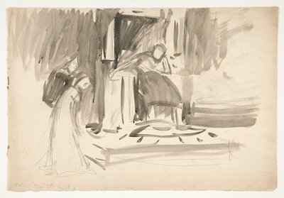Ábra a trónon, két figurával körülvéve, vázlat egy azonosítatlan Shakespeare-darabhoz alkotó: Edwin Austin Abbey