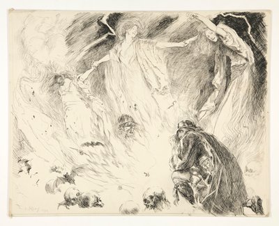 Első jelenés: Macbeth! Macbeth! Macbeth! vigyázz, Macduff., IV. felvonás, 1. jelenet, Macbeth alkotó: Edwin Austin Abbey