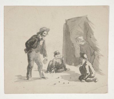 Négy fiú golyózik (recto); Azonosítatlan illusztrációja fiú festőállványon a belső térben (verso) alkotó: Edwin Austin Abbey