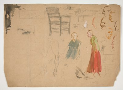 Fej- és alaktanulmányok, valamint Tanulmány egy székről (recto); Vázlatok könyvillusztrációkhoz (fordítva) alkotó: Edwin Austin Abbey
