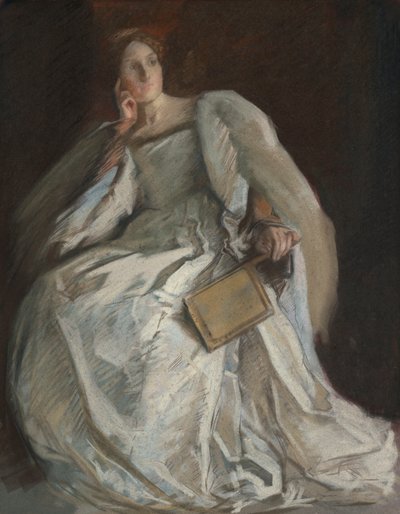 Fehér ruhás hölgy ülő. Jobb kéz az állhoz. Holding Fan. alkotó: Edwin Austin Abbey