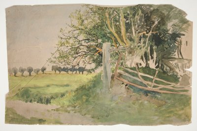 Táj fákkal és törött kerítéssel alkotó: Edwin Austin Abbey