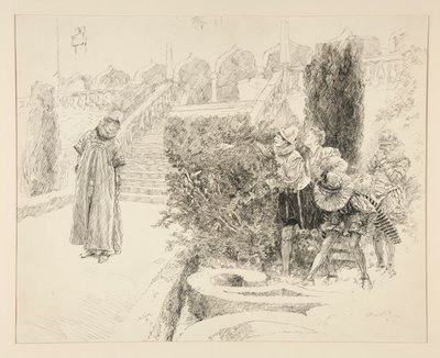 Malvolio megtalálja a levelet, a II. felvonás, v. jelenet, tizenkettedik éjszaka illusztrációját alkotó: Edwin Austin Abbey