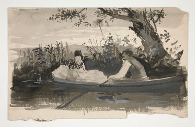 Férfi és nő evezős csónakban, a folyópart közelében - azonosítatlan illusztráció alkotó: Edwin Austin Abbey