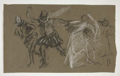 Petruchio húzza Katharinát, A szelídítésből (recto); Az ülő alak vázlata (fordítva) alkotó: Edwin Austin Abbey