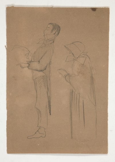 Profiltanulmányok férfiról és öregasszonyról (recto); Három fejvázlat és azonosítatlan vázlat (fordítva) alkotó: Edwin Austin Abbey