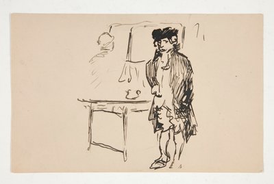 Vázlat egy férfi forradalmi ruhájában az asztal mellett alkotó: Edwin Austin Abbey