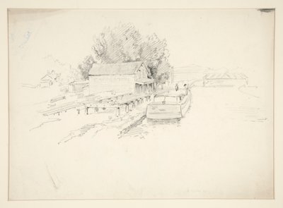 Vázlat egy mólóról, halászhajóval és kikötői bolttal alkotó: Edwin Austin Abbey