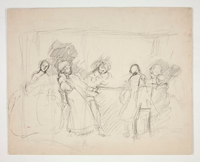 Asztal körüli figurák vázlata – egy színdarab azonosítatlan illusztrációja (?) alkotó: Edwin Austin Abbey